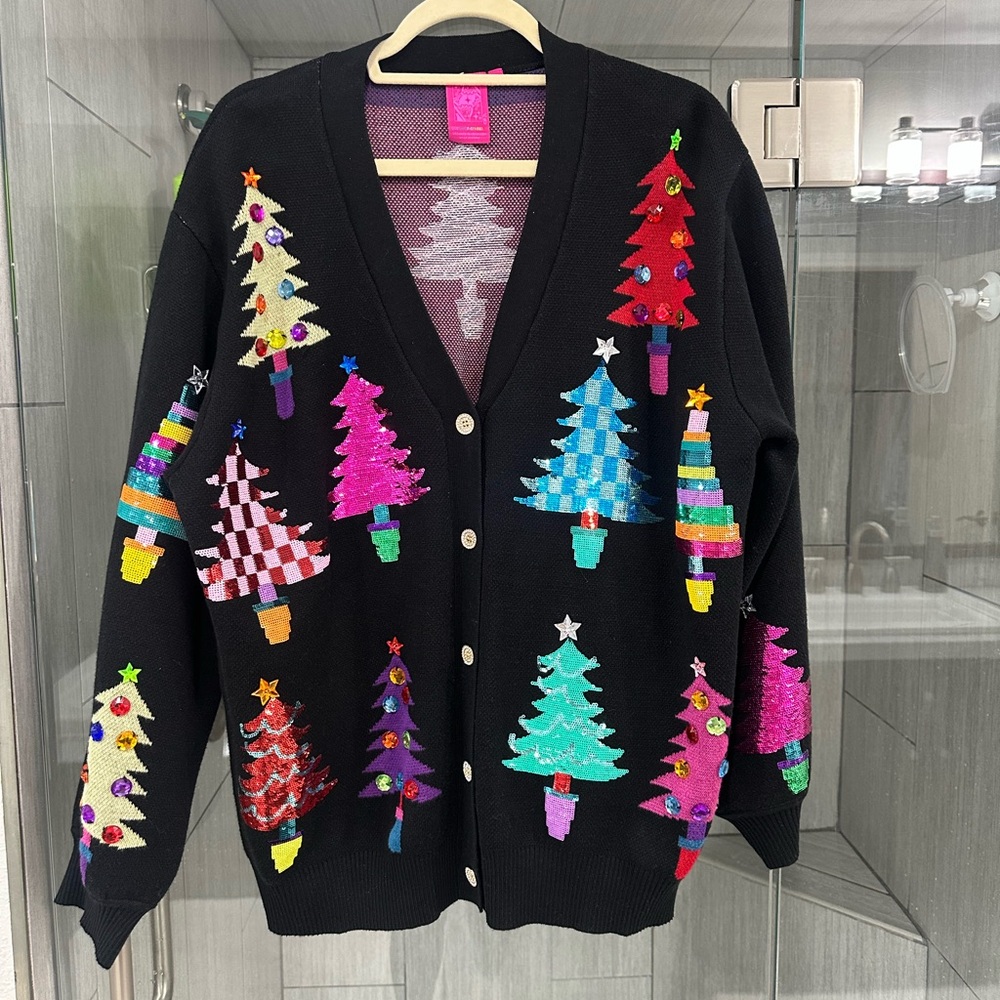 QUEEN OF SPARKLES Black Cardigan with Colorful Tree Designs